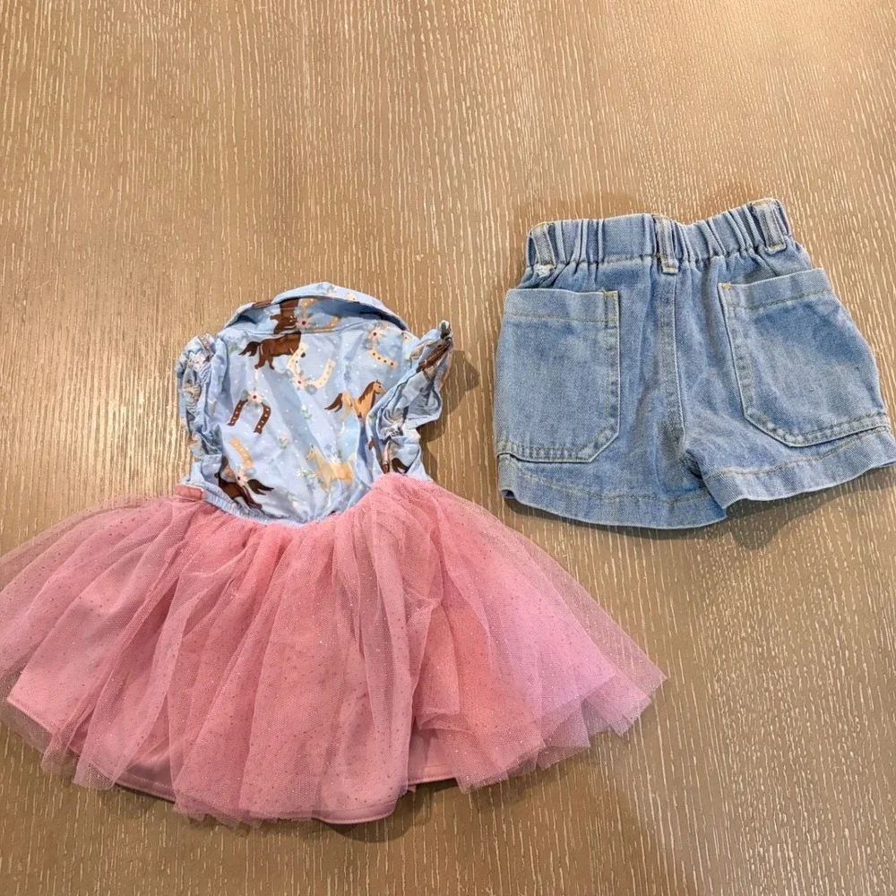 Goodlad Baby Girls Horse Print Tulle Dress & Denim Shorts Set 6 Months Pink